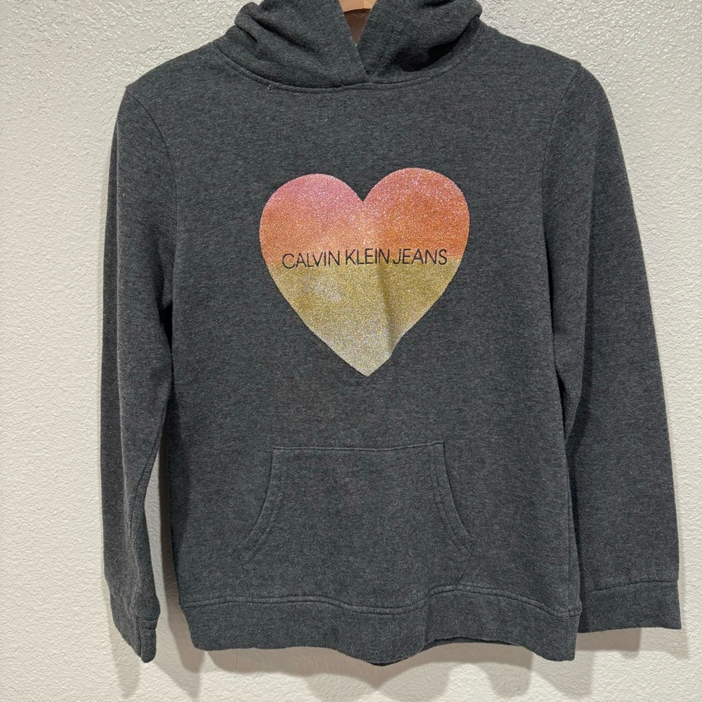Kids Calvin Klein Jeans Girls Gray Rainbow Heart Glitter Hoodie Sweatshirt L 12